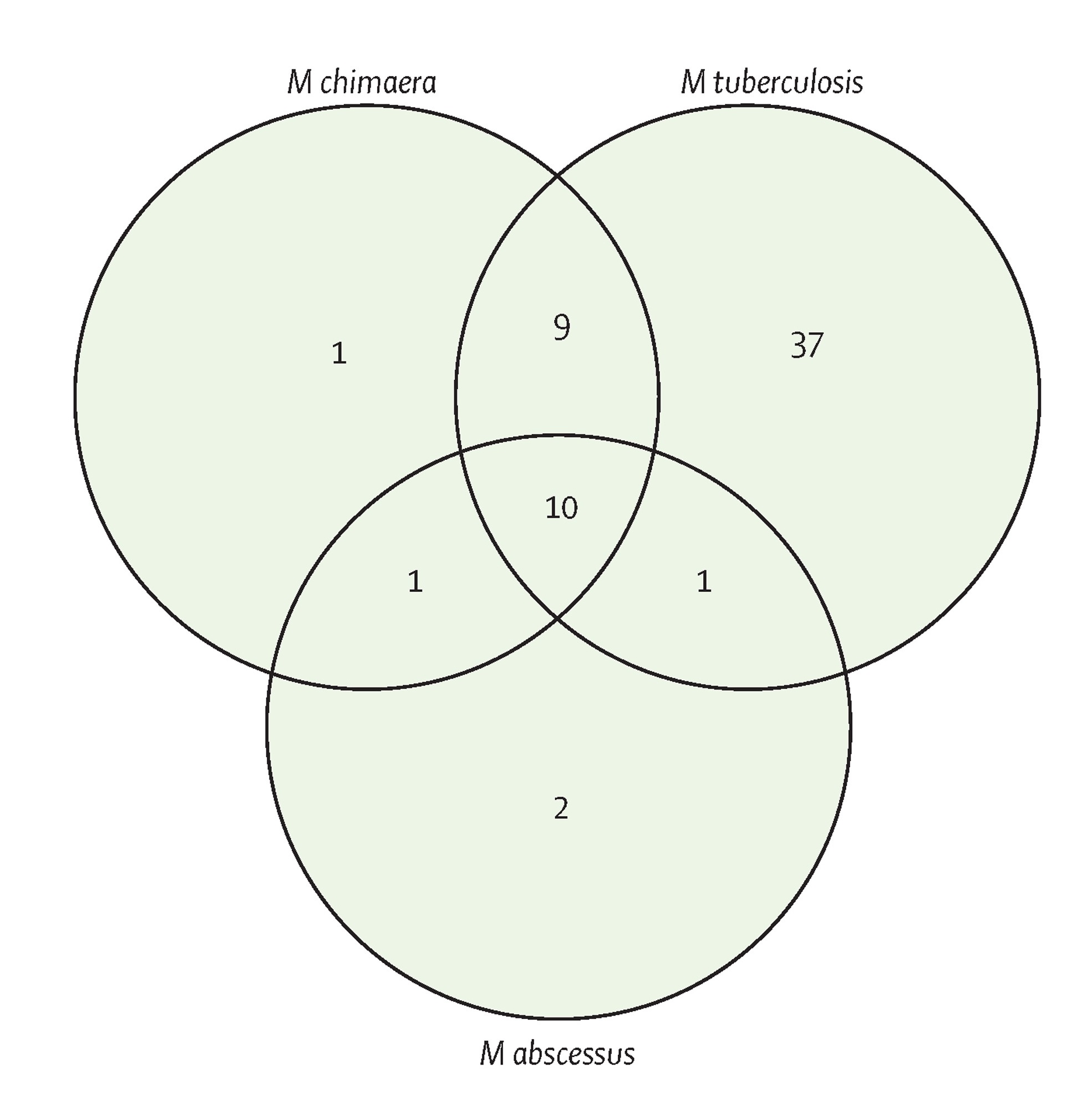 Venn diagram describing the overlap in antimicrobial compound hits against M chimaera, M abscessus, and M tuberculosis. Venn diagram describing the overlap in antimicrobial compound hits against M chimaera, M abscessus, and M tuberculosis.