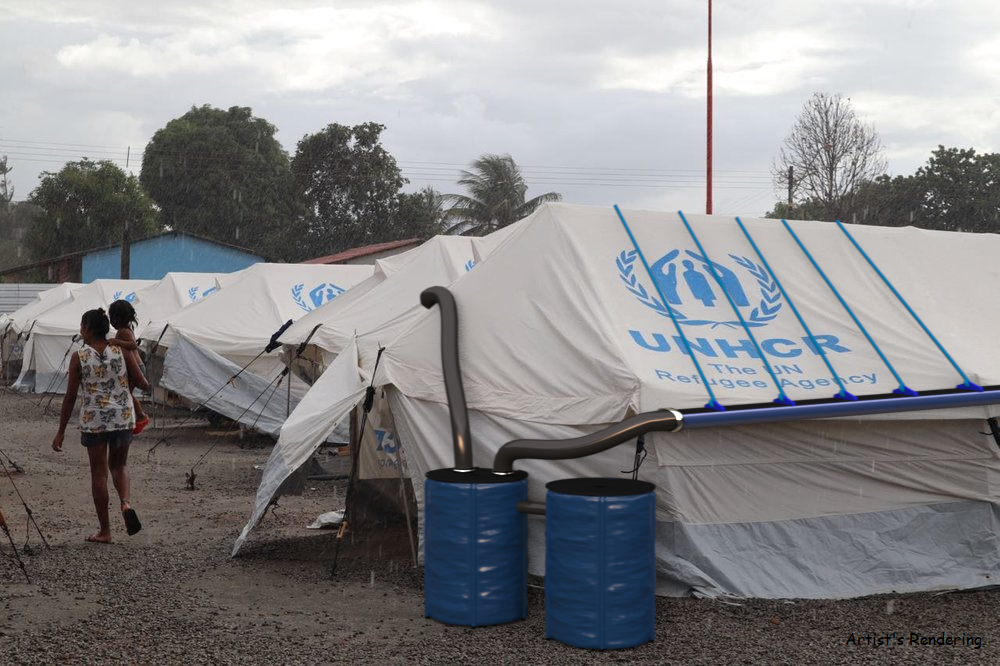 Image of UNHCR tent using a LivingWater System guttering system on roof