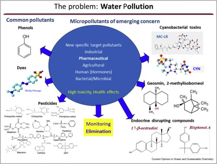 Figure showing the great variety of common pollutants and pollutants of emerging concern in water.