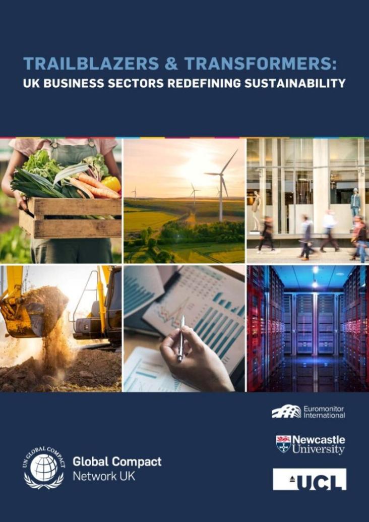 Front cover of the Trailblazers & Transformers report featuring images including a wind turbine and a crate of vegetables 