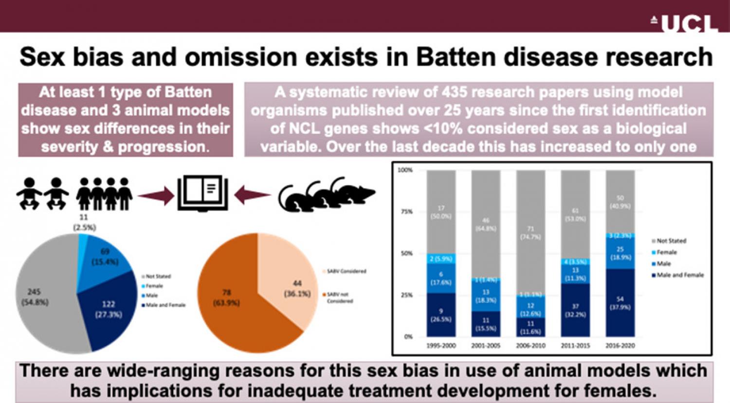 Infographic showing how sex bias and omission exists in Batten disease research