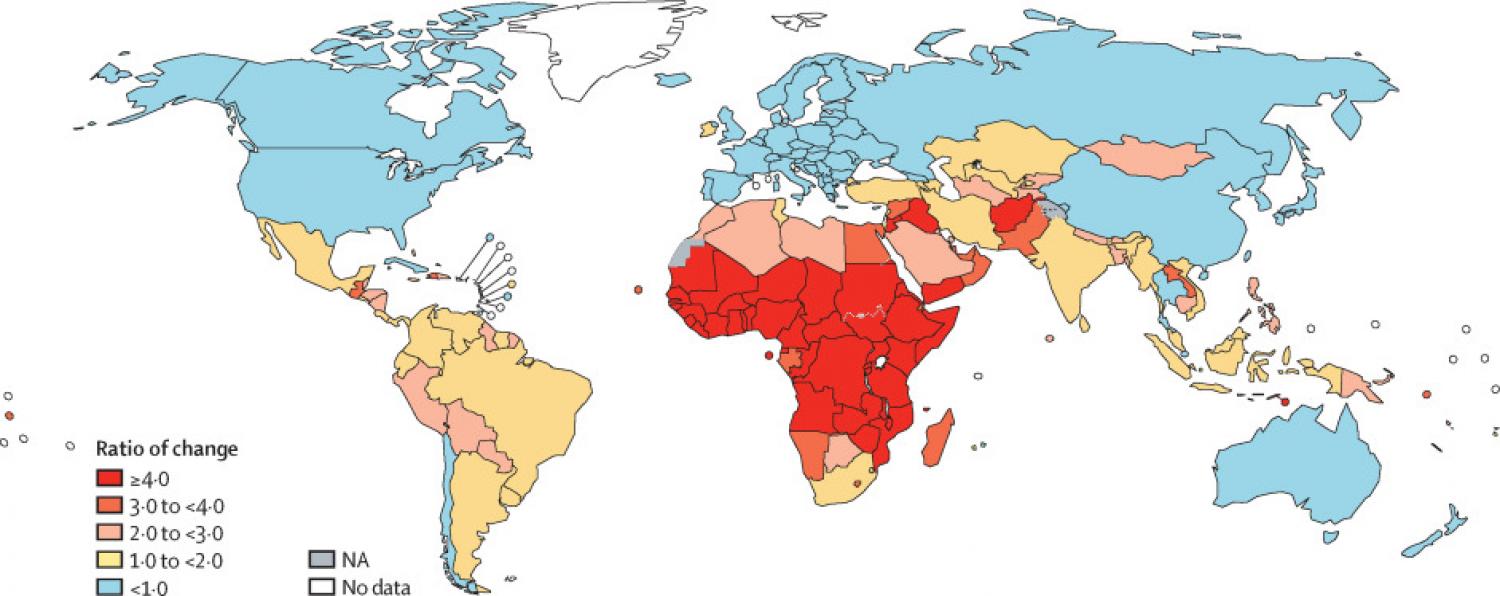 Ratio of the average number of expected cervical cancer cases across birth cohorts born between 2005 and 2014 in the absence of vaccination versus the total number of cases estimated in 2018