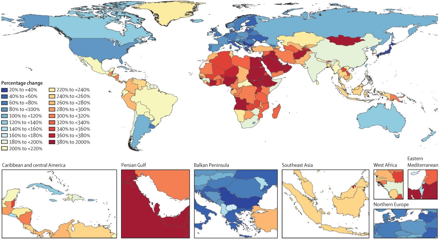 Percentage change between 2019 and 2050 in all-age number of individuals with dementia by country.