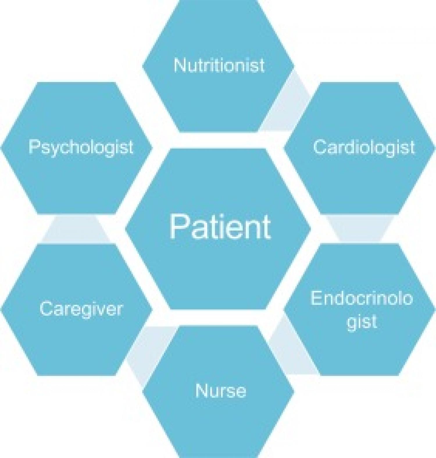 Patients are in the center of care, and they are assisted by a team of different health professionals.