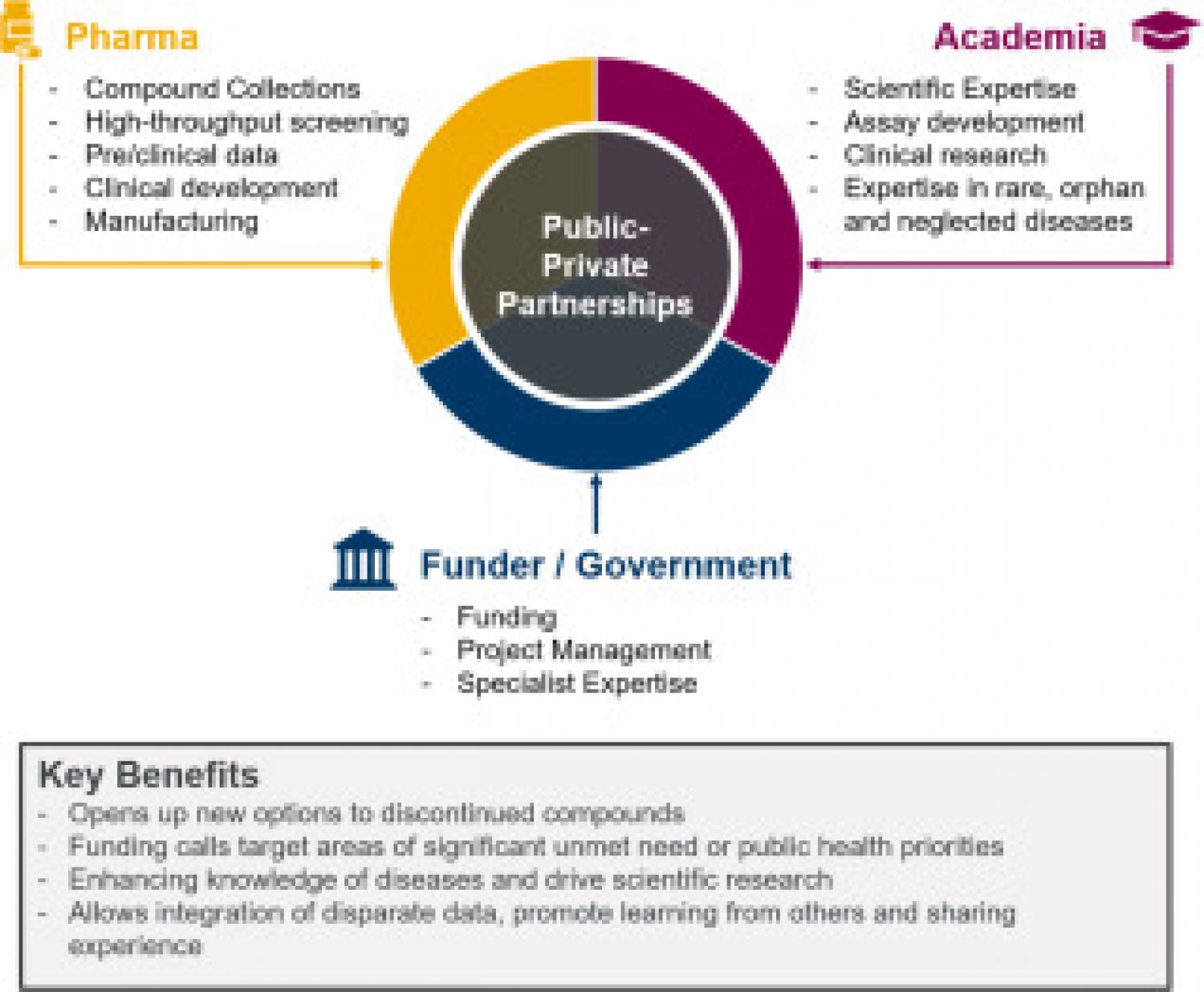 Main participants in a PPP—core strengths and key benefits in drug discovery/development. The figure provides an overview of the main participants in a PPP, highlights their core strengths, and lists important benefits across the various stages of the dru