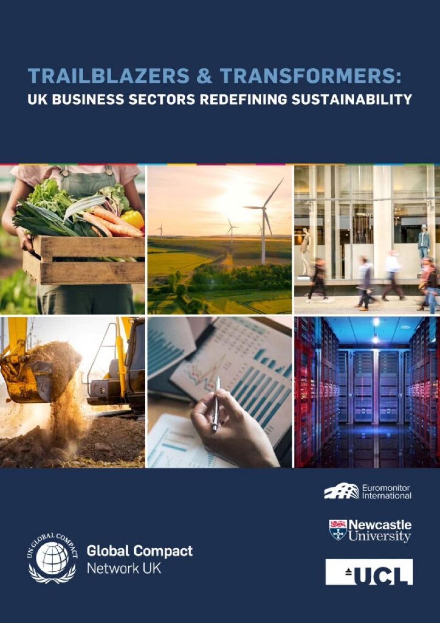 Front cover of the Trailblazers & Transformers report featuring images including a wind turbine and a crate of vegetables