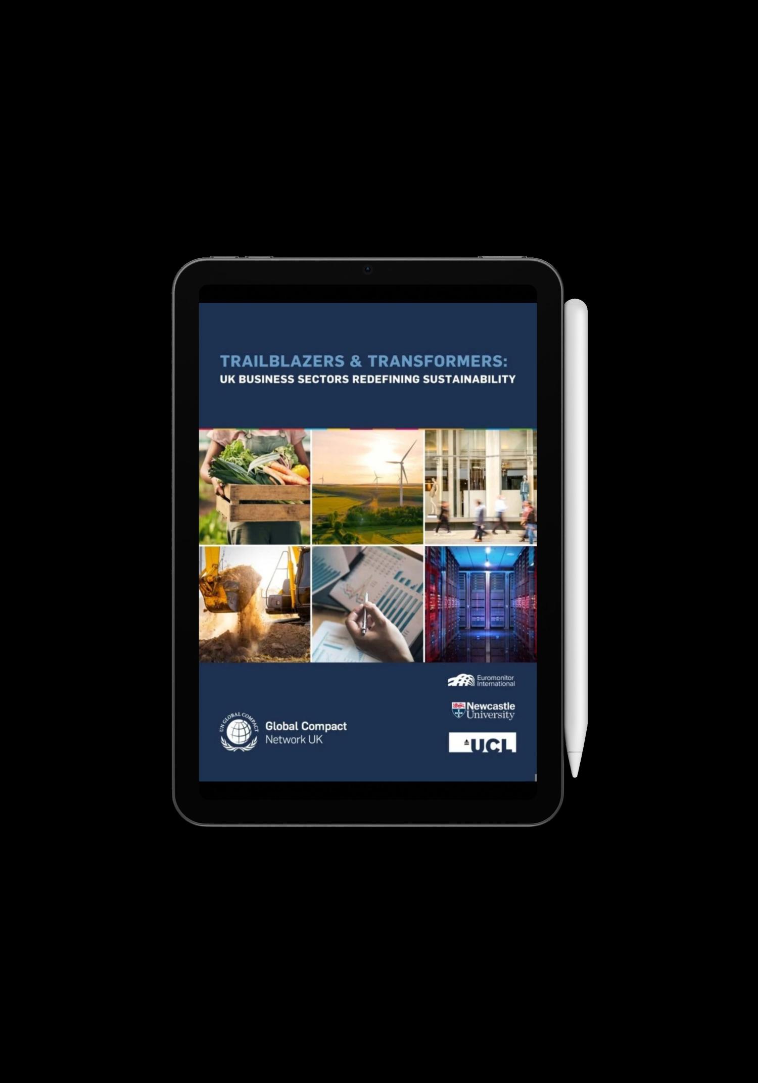 Front cover of Trailblazers and Transformers report featuring images of a wind turbine, crate of vegetables and a data centre 