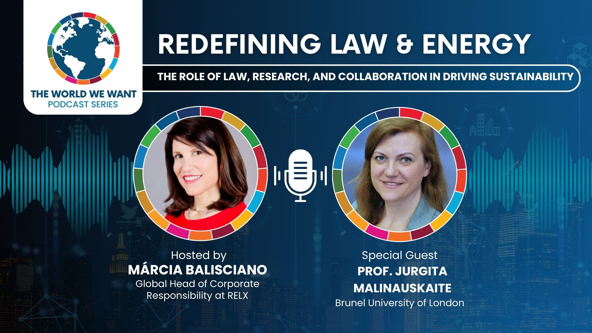 Image of podcast host and guest against a blue background with World We Want podcast logo