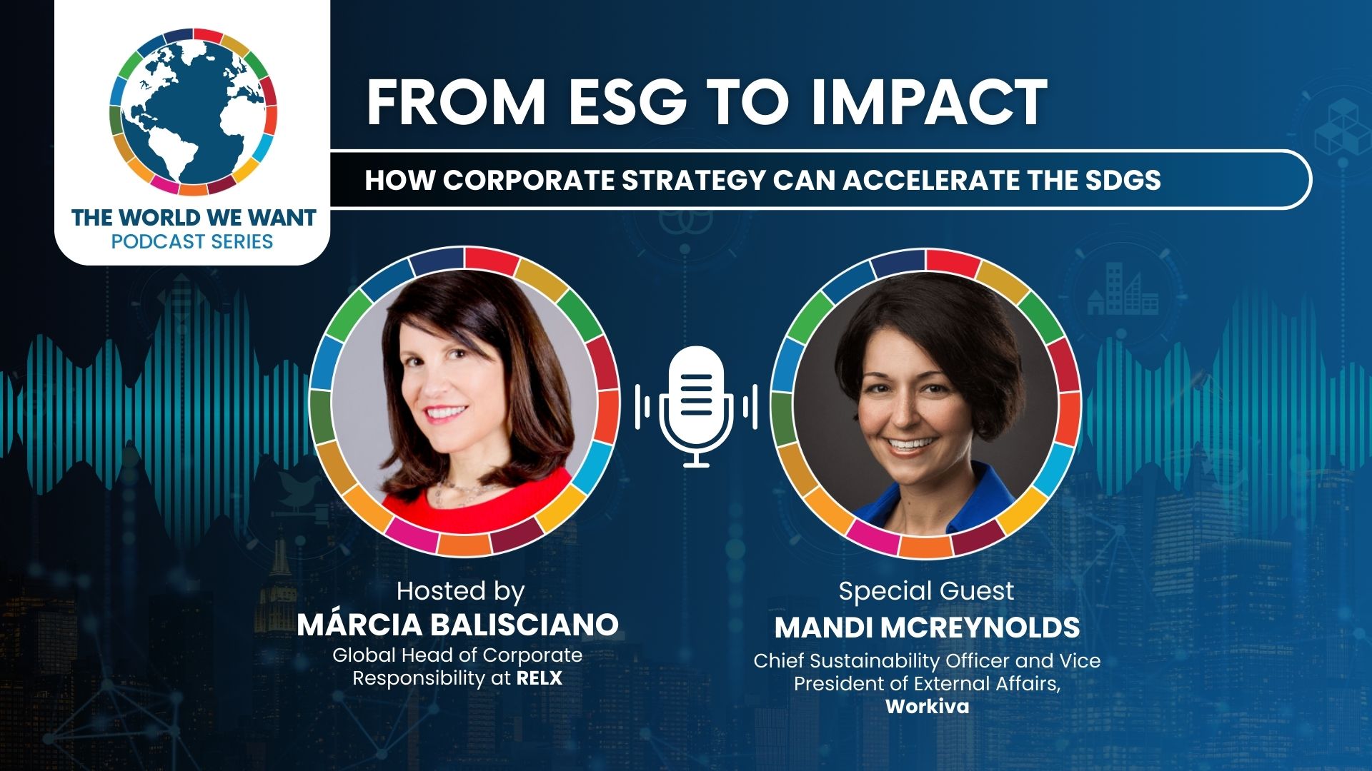 Image of the pocast host and guest against a blue background with the World We Want logo in the corner 