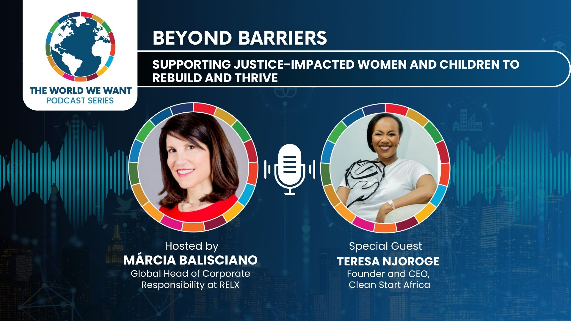 Image of podcast host and guest on a blue background with the World We Want podcast logo