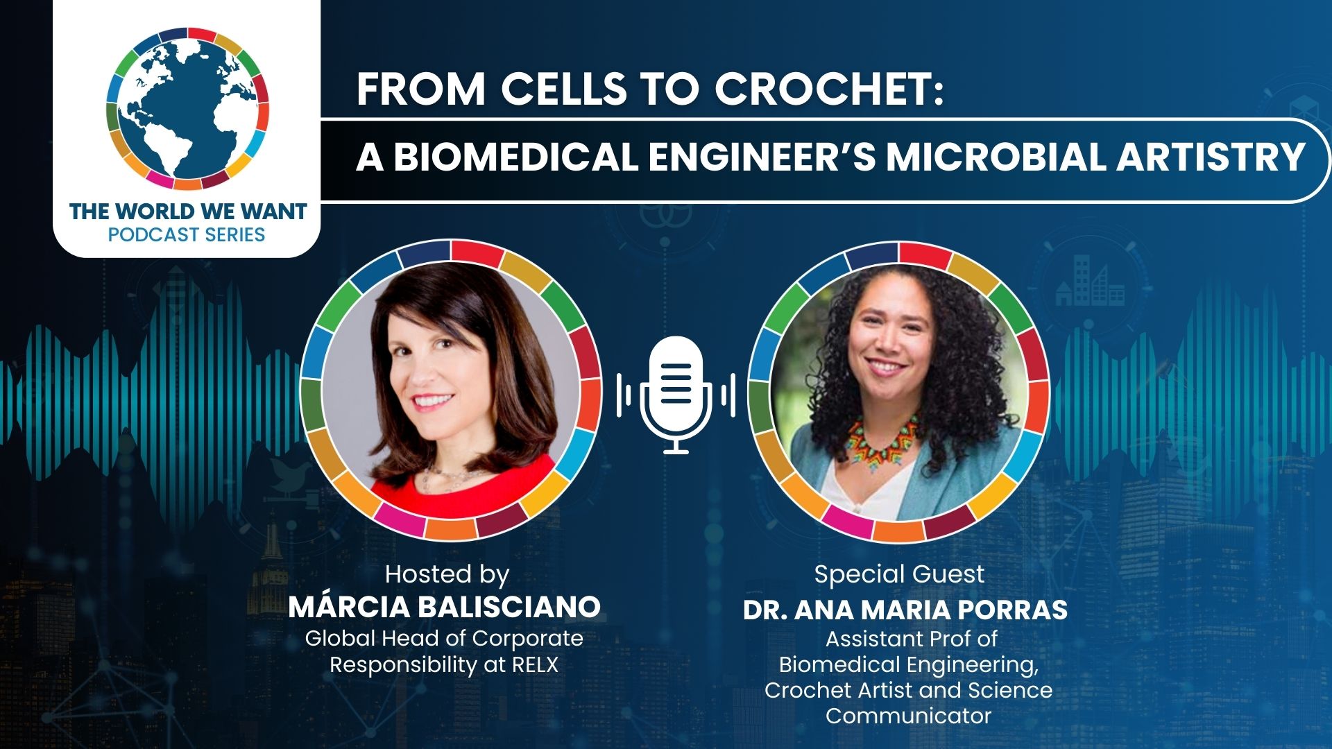 Image of podcast guest and host on blue background with The World We Want podcast logo