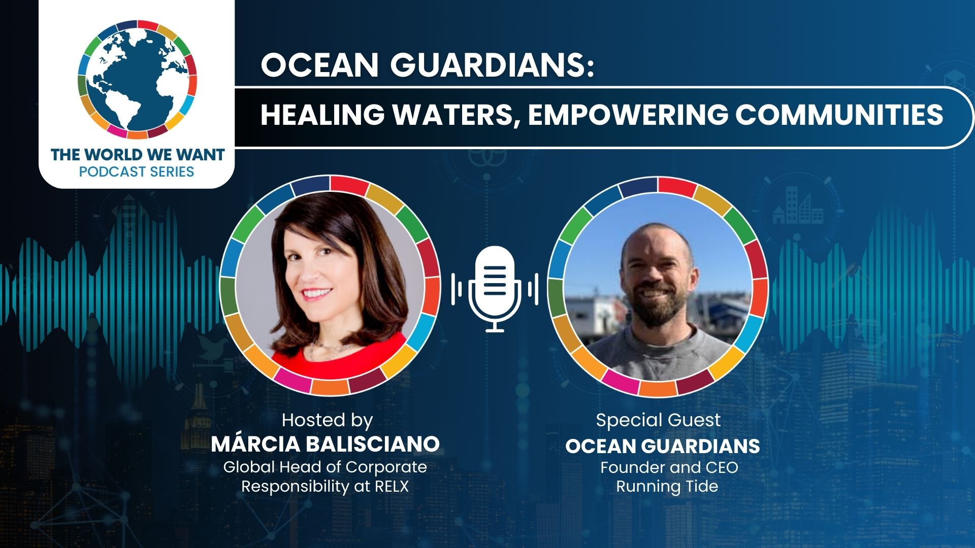 Image of podcast host and guest against a blue background wih The World We Want logo