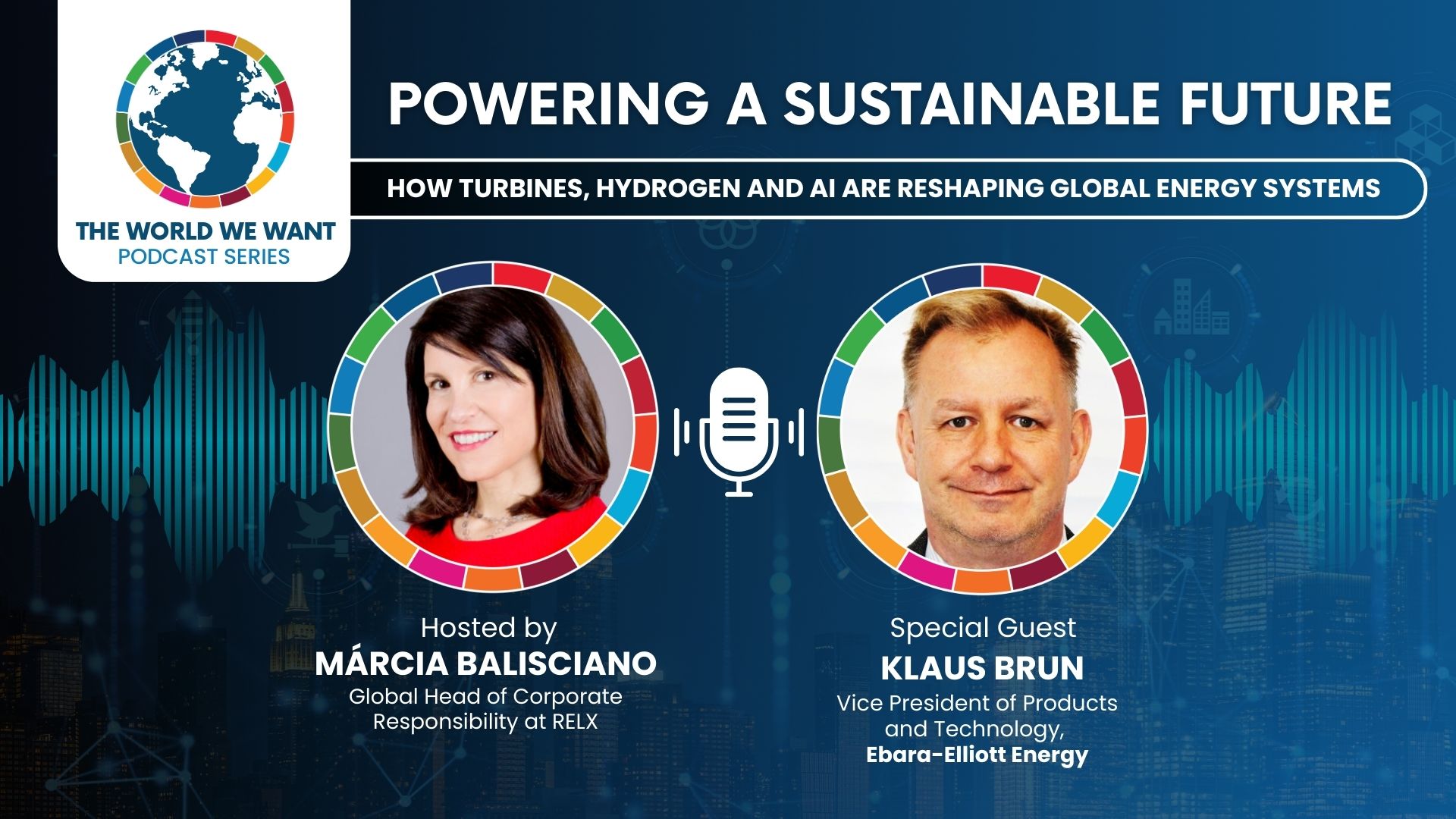 Image of podcast host and guest against a blue background with thw World We Want logo