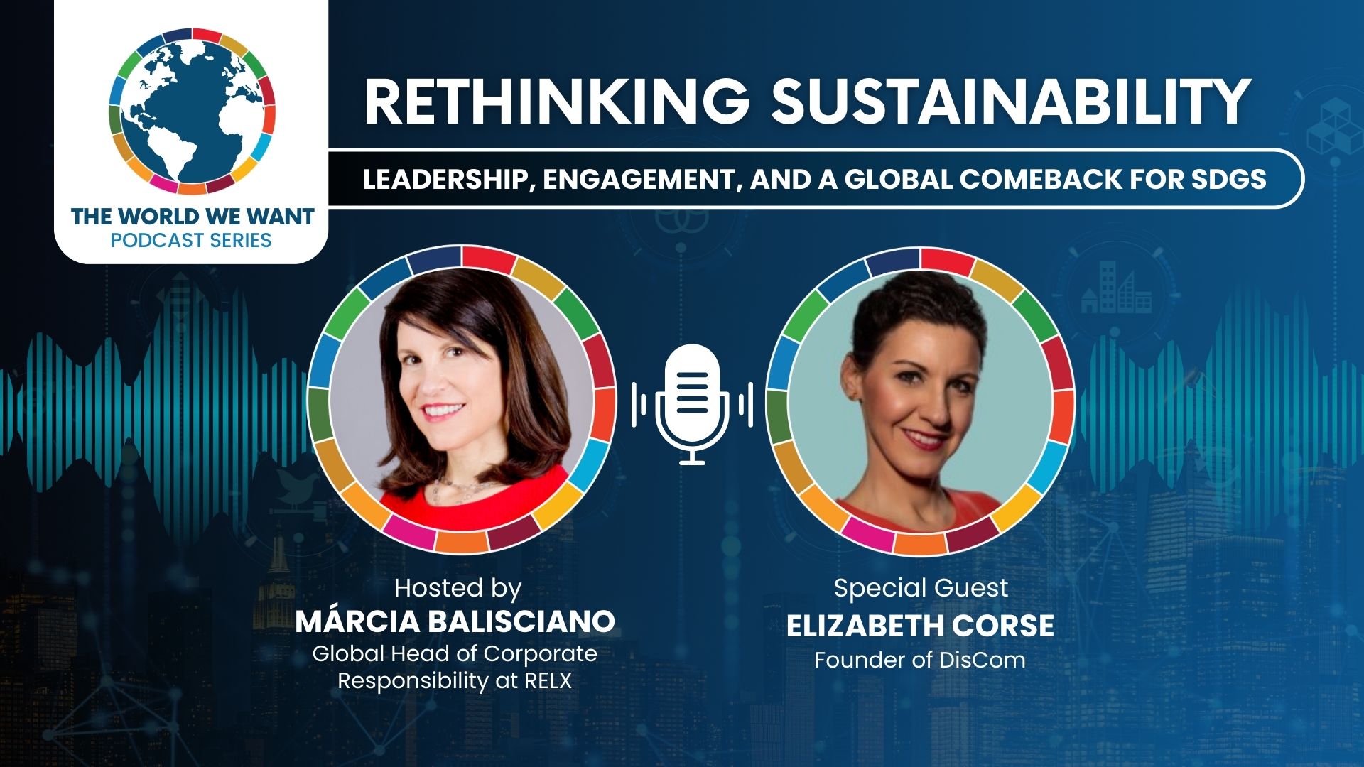 Podcast host and guest image against a blue background